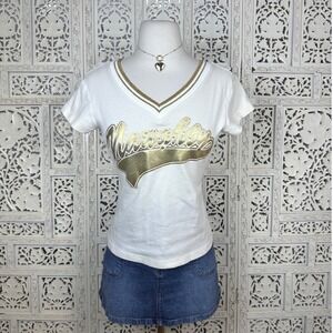 White‎ & Gold V Neck Naughty Holiday Varsity Womens T Shirt Sz Small